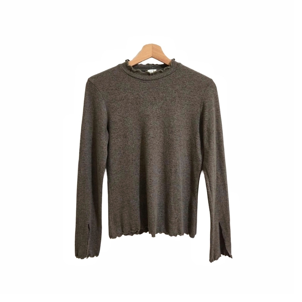 Paper Crane Mock Neck Ruffle Olive Long Sleeve Top Size S